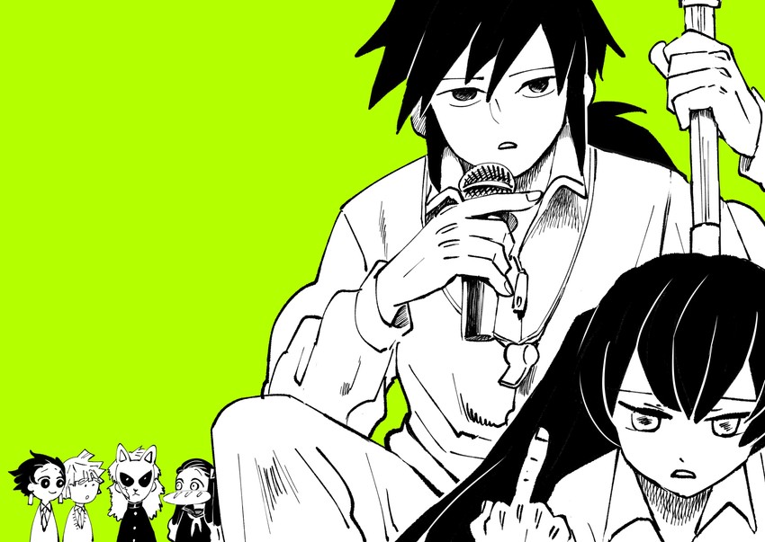 kamado nezuko, kamado tanjirou, tomioka giyuu, agatsuma zenitsu, tokitou muichirou, and 2 more (kimetsu no yaiba and 1 more) drawn by bahyon_6969