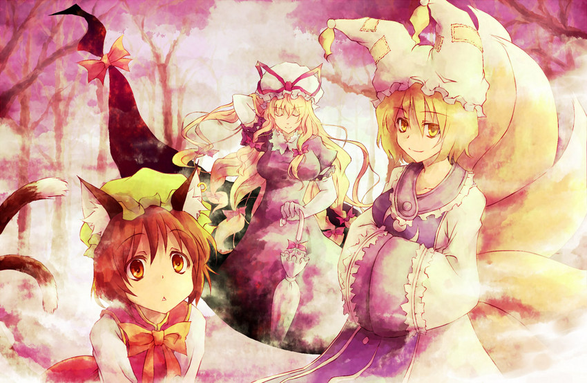 yakumo yukari, yakumo ran, and chen (touhou) drawn by nekokun