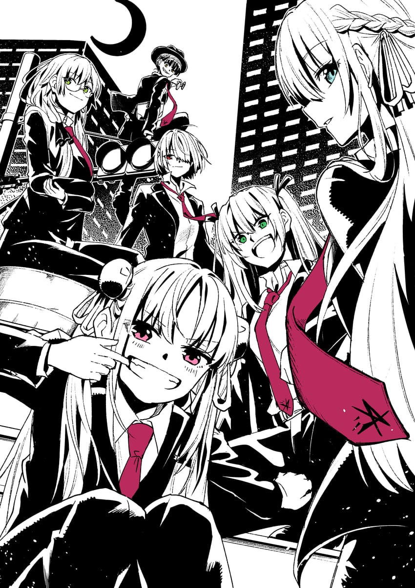 kayamori ruka, izumi yuki, asakura karen, toujou tsukasa, aikawa megumi, and 1 more (heaven burns red) drawn by shiime