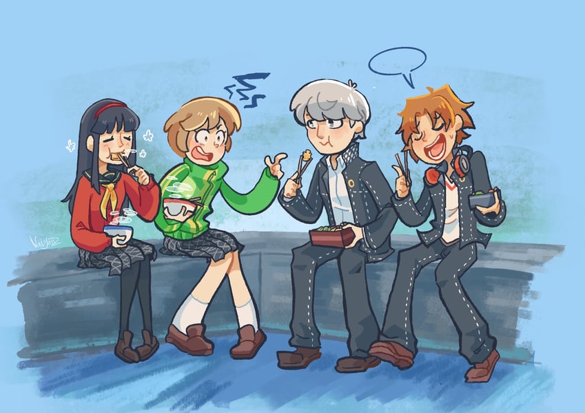 narukami yu, satonaka chie, amagi yukiko, and hanamura yousuke (persona and 1 more) drawn by valynnz
