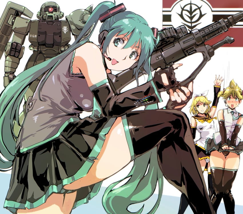 hatsune miku, kagamine rin, kagamine len, and zaku ii (vocaloid and 2 more) drawn by kamisimo_90