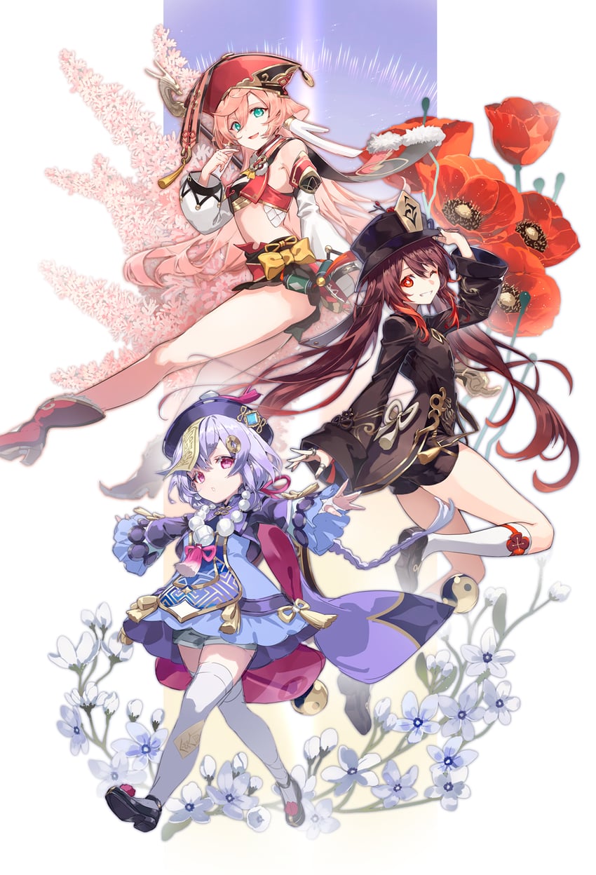 hu tao, qiqi, and yanfei (genshin impact) drawn by mito_itsuki
