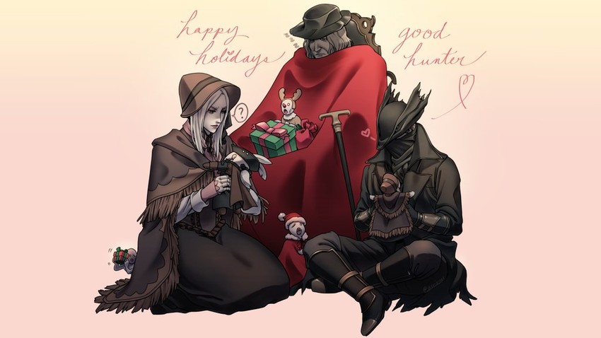 hunter, plain doll, gehrman the first hunter, and messengers (bloodborne) drawn by asrikins