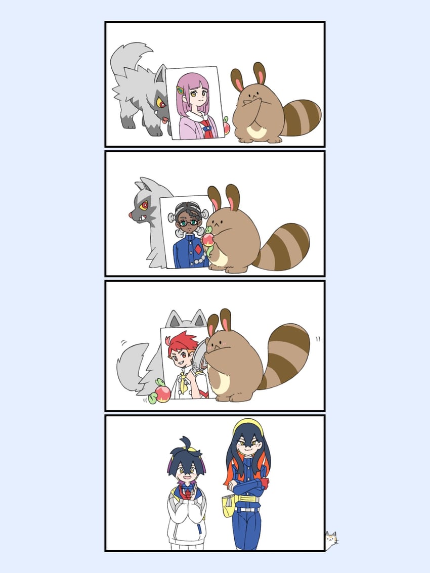kieran, carmine, furret, applin, and poochyena (pokemon and 1 more) drawn by h1na3