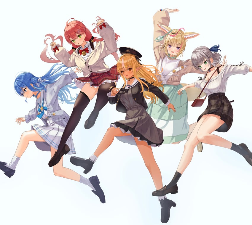 hoshimachi suisei, sakura miko, shirogane noel, shiranui flare, and omaru polka (hololive) drawn by asakura_(asa_t77)