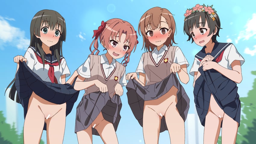 misaka mikoto, shirai kuroko, saten ruiko, and uiharu kazari (toaru majutsu no index and 1 more) drawn by atf1n