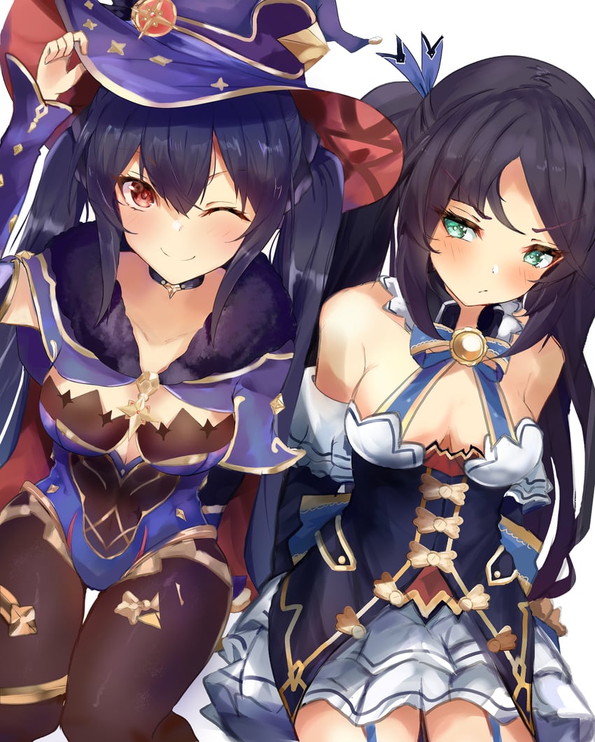 mona and noire (genshin impact and 1 more) drawn by bimmy