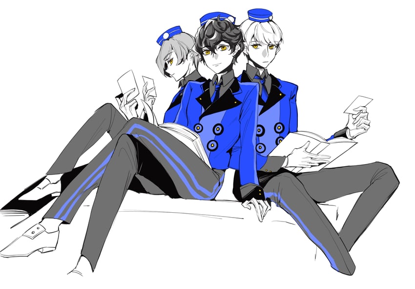 narukami yu, yuuki makoto, amamiya ren, and theodore (persona and 3 more) drawn by arknirya