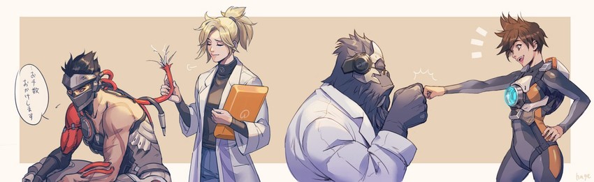 mercy, tracer, genji, winston, and blackwatch genji (overwatch and 1 more) drawn by hage2013