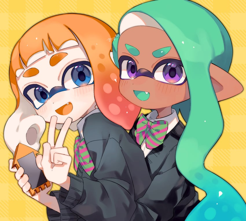 inkling player character and inkling girl (splatoon) drawn by sabata_saba