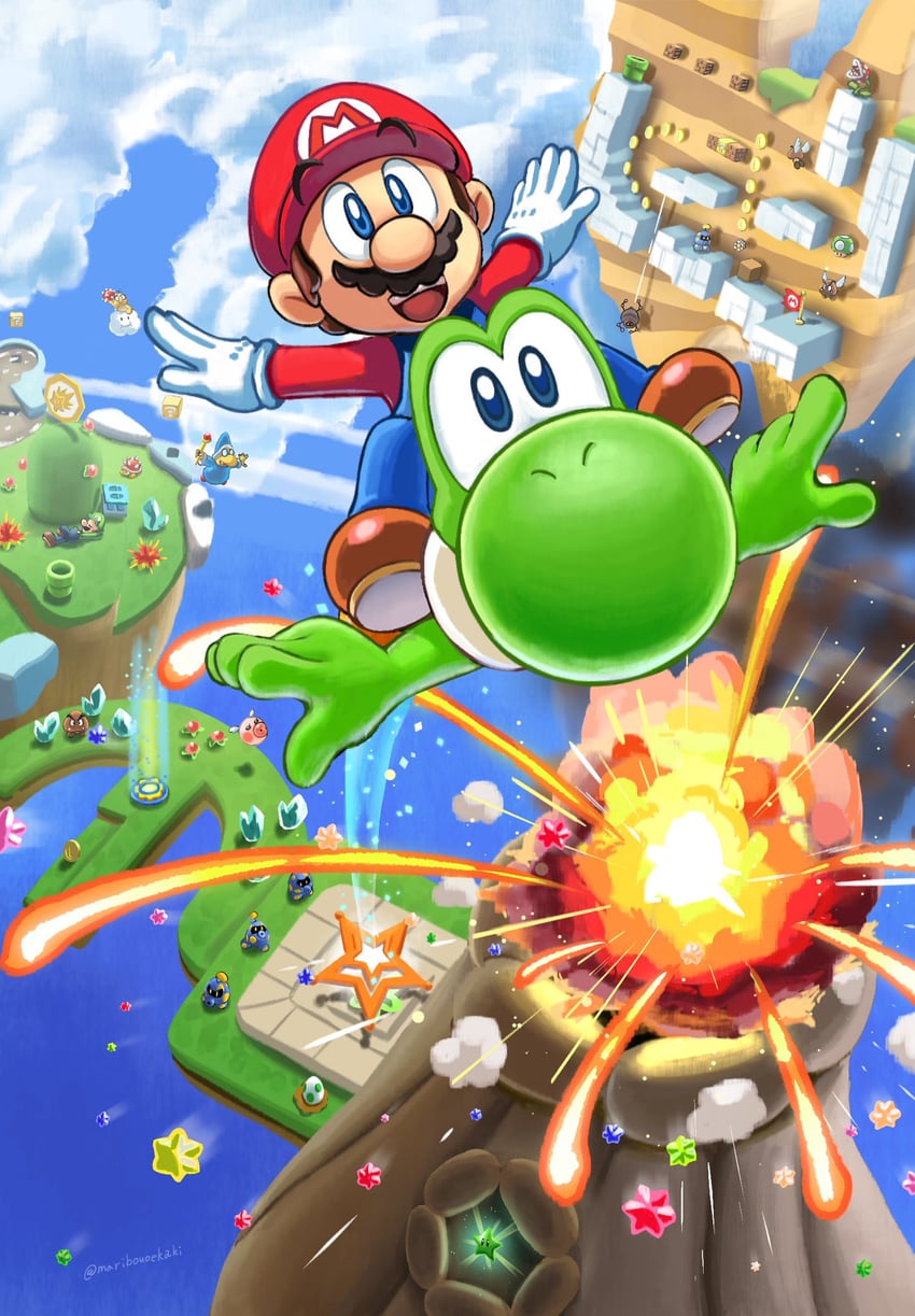 mario, luigi, yoshi, piranha plant, goomba, and 8 more (mario and 1 more) drawn by maribou_(supermaribou)