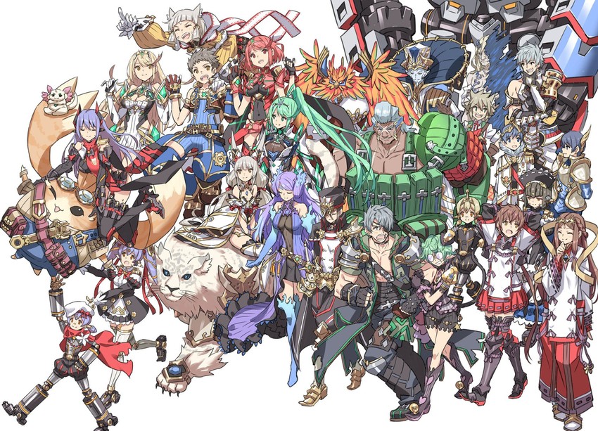 pyra, mythra, rex, nia, pneuma, and 24 more (xenoblade chronicles and 2 more) drawn by saitou_masatsugu