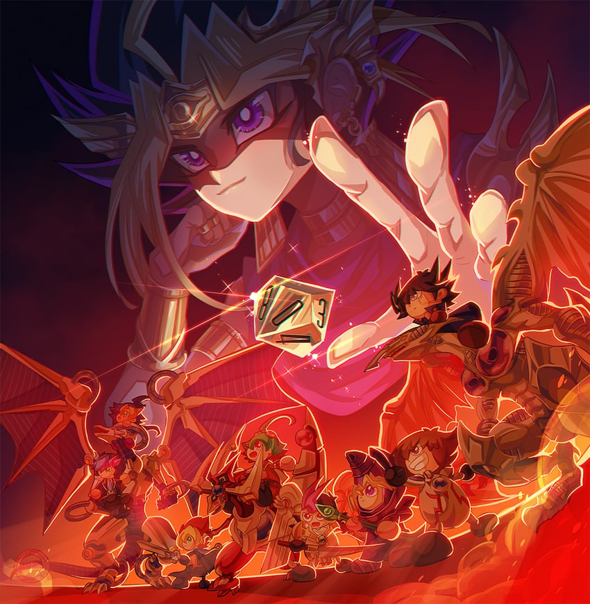yuki judai, fudo yusei, muto yugi, sakaki yuya, dark magician, and 9 more (yu-gi-oh! and 7 more) drawn by zackpyo