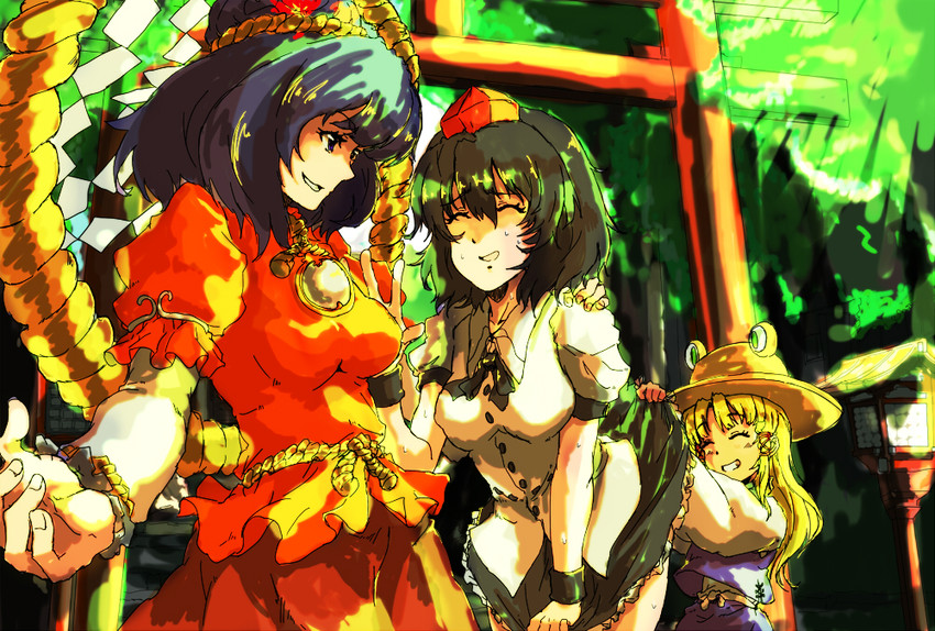 shameimaru aya, moriya suwako, and yasaka kanako (touhou) drawn by baroque_(42015)