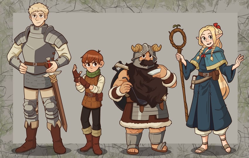 marcille donato, laios touden, senshi, and chilchuck tims (dungeon meshi) drawn by paula_peroff
