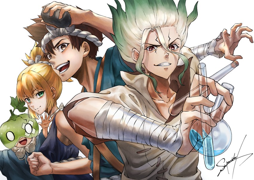 kohaku, ishigami senkuu, suika, and chrome (dr. stone) drawn by akiwashi
