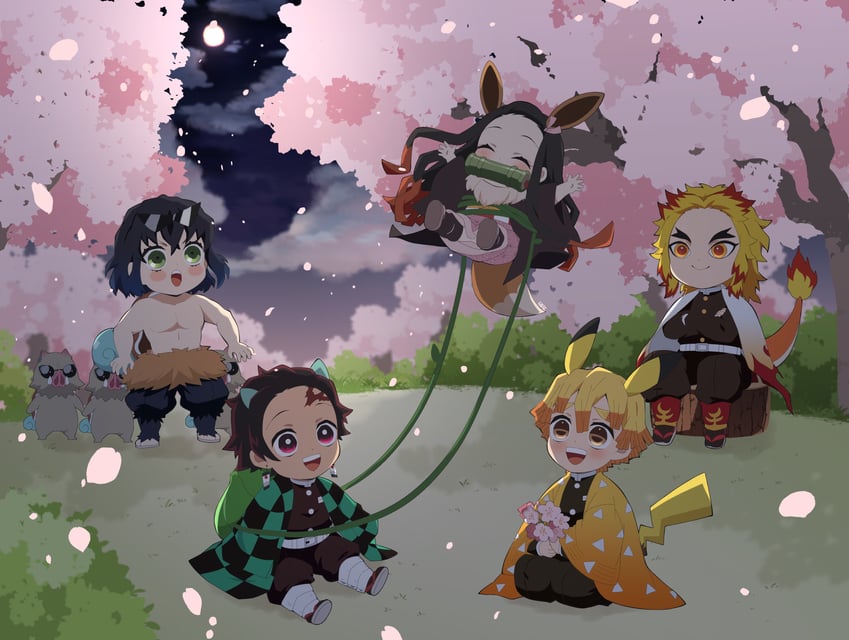 pikachu, eevee, kamado nezuko, bulbasaur, kamado tanjirou, and 6 more (pokemon and 1 more) drawn by pori_(kmt_pori)