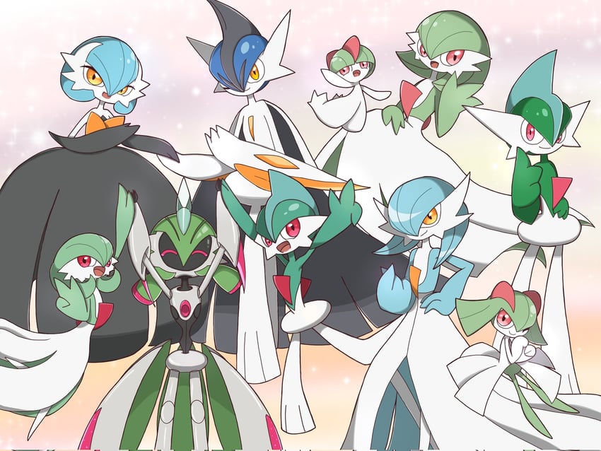 gardevoir, mega gardevoir, kirlia, gallade, ralts, and 2 more (pokemon) drawn by monya