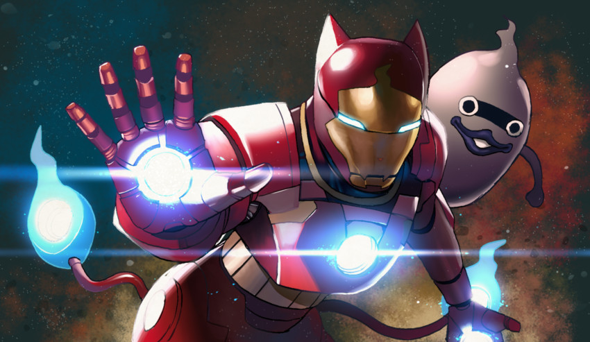 iron man, jibanyan, and whisper (marvel and 2 more) drawn by wadani_hitonori