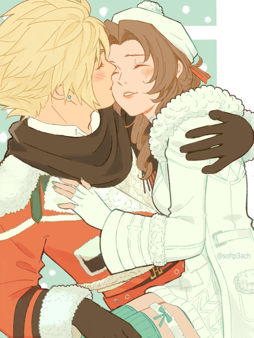 cloud strife and aerith gainsborough (final fantasy and 2 more) drawn by softp3ach