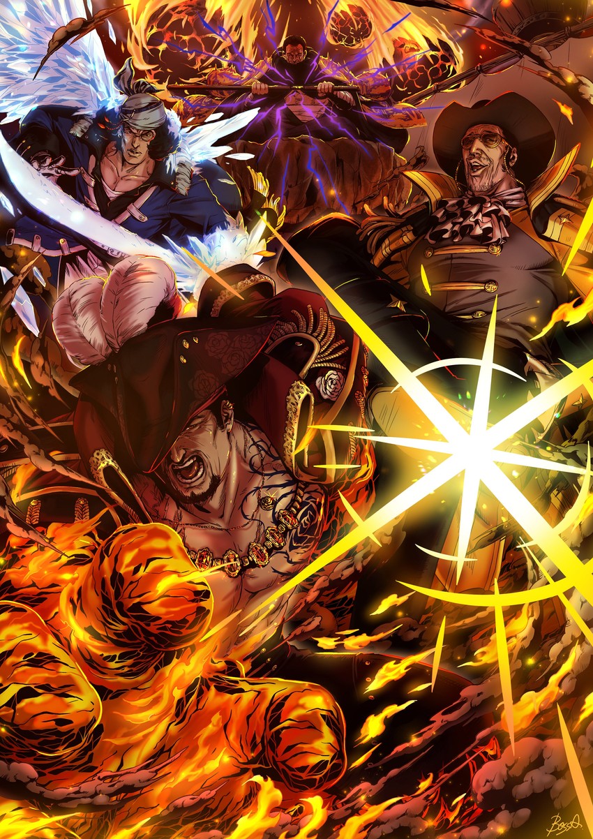 kizaru, aokiji, sakazuki, and fujitora (one piece) drawn by irohero
