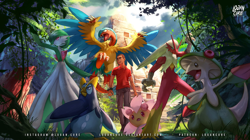 gardevoir, blaziken, breloom, cherrim, archeops, and 1 more (pokemon and 1 more) drawn by logan_cure