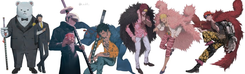 trafalgar law, donquixote doflamingo, donquixote rocinante, eustass kid, and bepo (one piece) drawn by ksuke_(k-taro31)