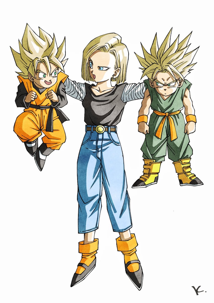 android 18, trunks, and son goten (dragon ball and 1 more) drawn by kakeru_(dbskakeru)