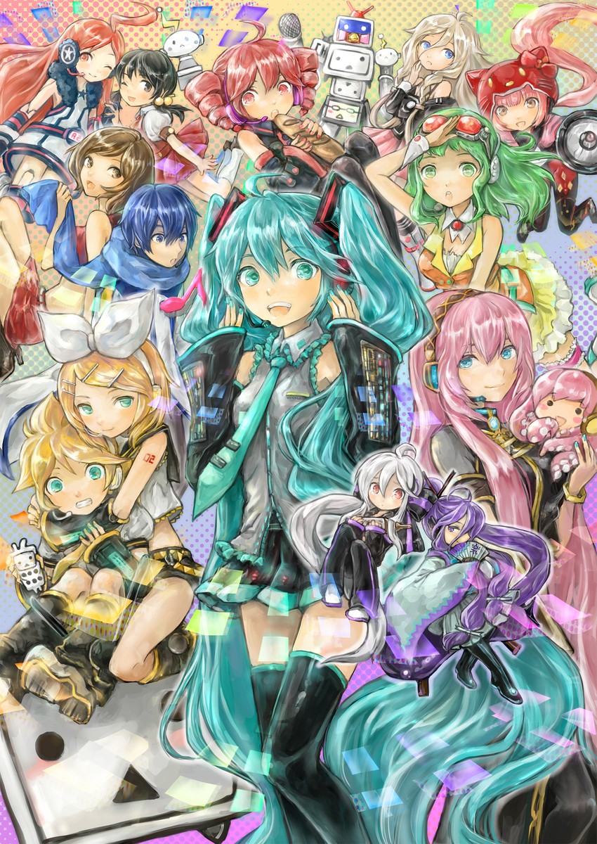 hatsune miku, kagamine rin, kagamine len, megurine luka, kasane teto, and 10 more (vocaloid and 2 more) drawn by kedama_black