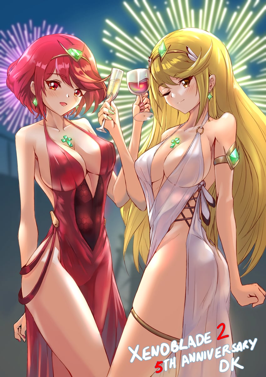 pyra and mythra (xenoblade chronicles and 1 more) drawn by deekei