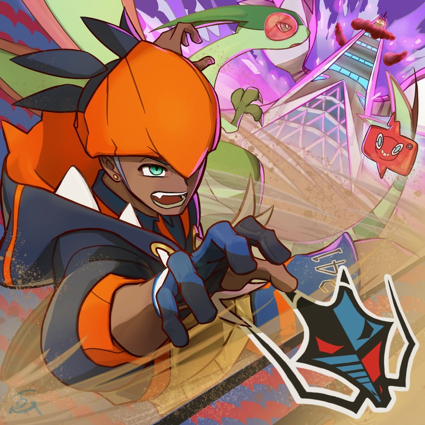 rotom, raihan, rotom phone, flygon, duraludon, and 1 more (pokemon and 1 more) drawn by tom_(pixiv10026189)