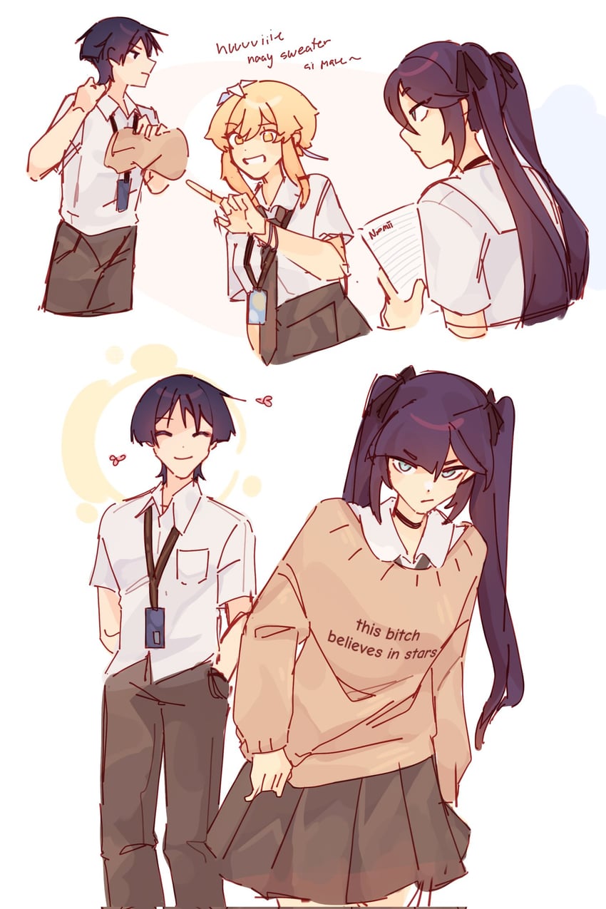 lumine, scaramouche, and mona (genshin impact) drawn by nxomii_herx