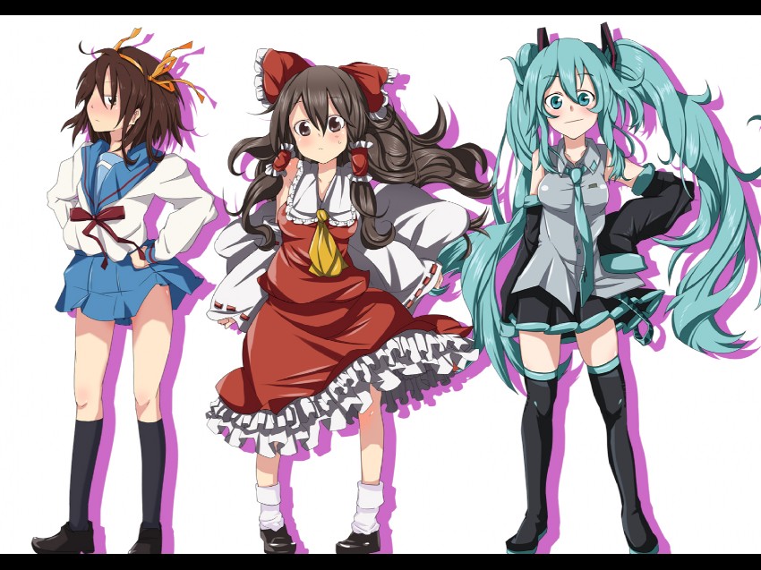 hatsune miku, hakurei reimu, and suzumiya haruhi (touhou and 2 more) drawn by ryouma_(galley)