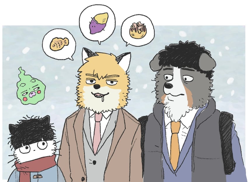 kageyama shigeo, reigen arataka, serizawa katsuya, and ekubo (mob psycho 100) drawn by haaagea