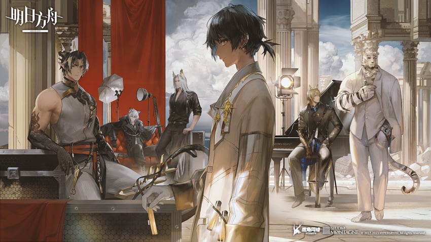 mountain, chongyue, silverash, thorns, mlynar, and 1 more (arknights) drawn by han_yijie