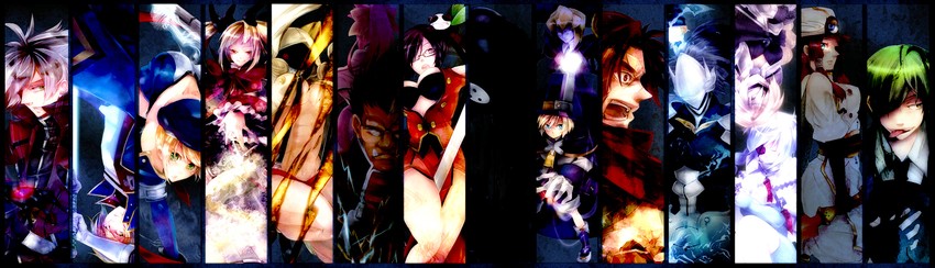 noel vermillion, ragna the bloodedge, nu-13, rachel alucard, taokaka, and 12 more (blazblue) drawn by hansode