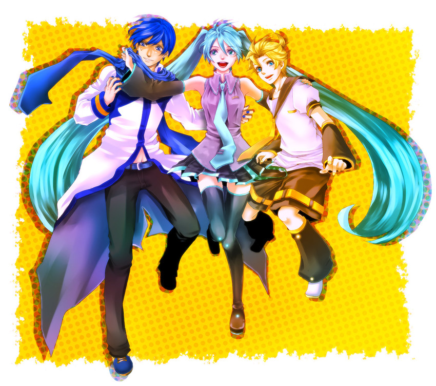 hatsune miku, kagamine len, and kaito (vocaloid) drawn by chiru_(sanifani)