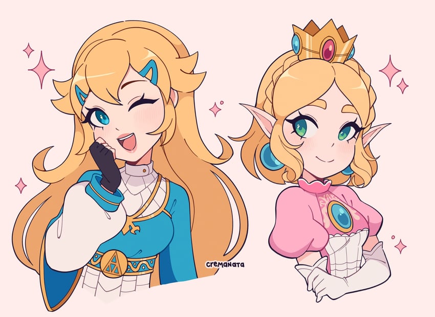 princess zelda and princess peach (the legend of zelda and 2 more) drawn by cremanata