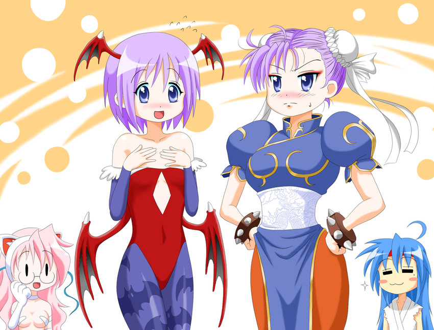 chun-li, hiiragi kagami, izumi konata, hiiragi tsukasa, lilith, and 3 more (street fighter and 2 more) drawn by hiro_yoshinaka