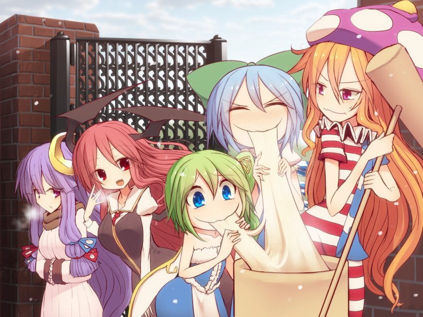 cirno, patchouli knowledge, koakuma, daiyousei, and clownpiece (touhou) drawn by kuresento