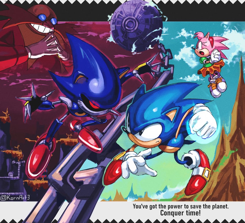 sonic the hedgehog, amy rose, dr. eggman, metal sonic, classic sonic, and 2 more (sonic and 2 more) drawn by kornart