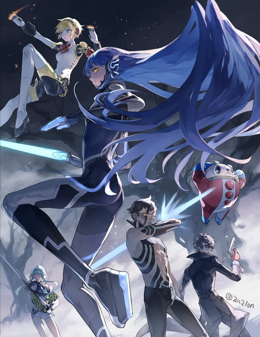 amamiya ren, aigis, kuma, joker, protagonist, and 2 more (persona and 8 more) drawn by za210n