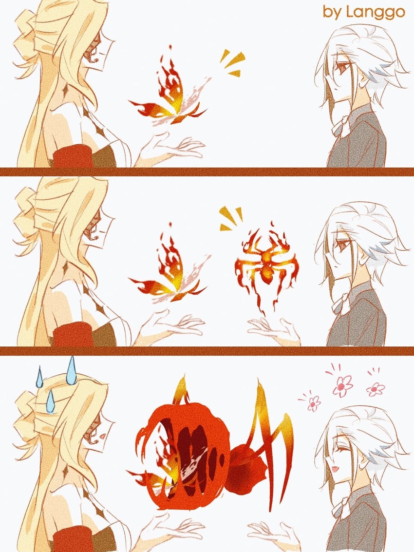 arlecchino, signora, peruere, and crimson lotus moth (genshin impact) drawn by langgo