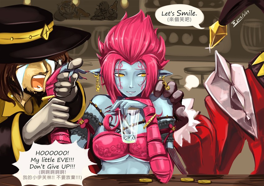 evelynn, twisted fate, gragas, singed, and shaco (league of legends) drawn by beancurd