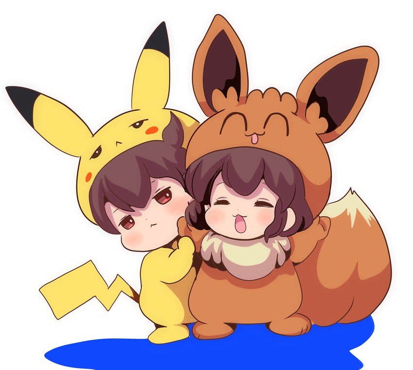 kaga, pikachu, akagi, eevee, and poke kid (kantai collection and 3 more) drawn by pako_(pousse-cafe)