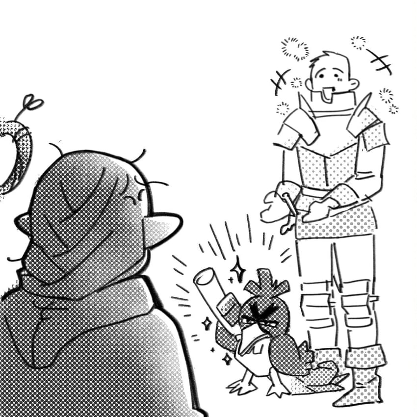 marcille donato, laios touden, and galarian farfetch'd (pokemon and 1 more) drawn by verbenalullaby