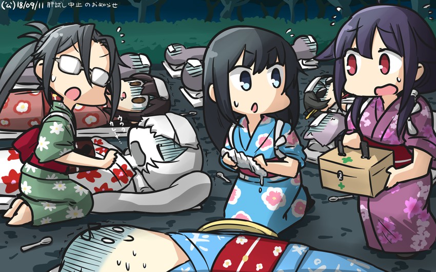 akagi, asashio, kirishima, taigei, tama, and 3 more (kantai collection) drawn by hamu_koutarou