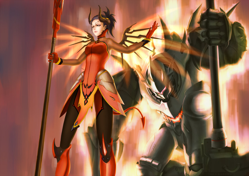 mercy, reinhardt, and devil mercy (overwatch and 1 more) drawn by murasaki_hiroshi