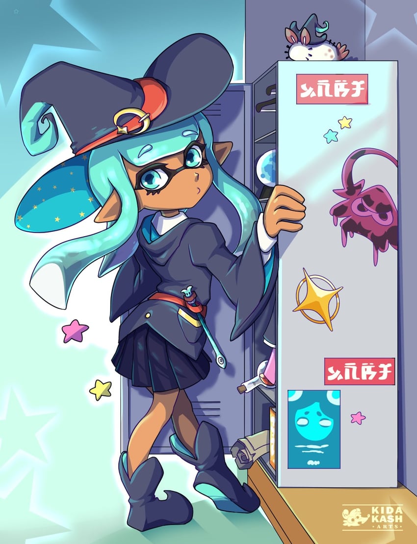 inkling player character and inkling girl (splatoon and 1 more) drawn by kidakash