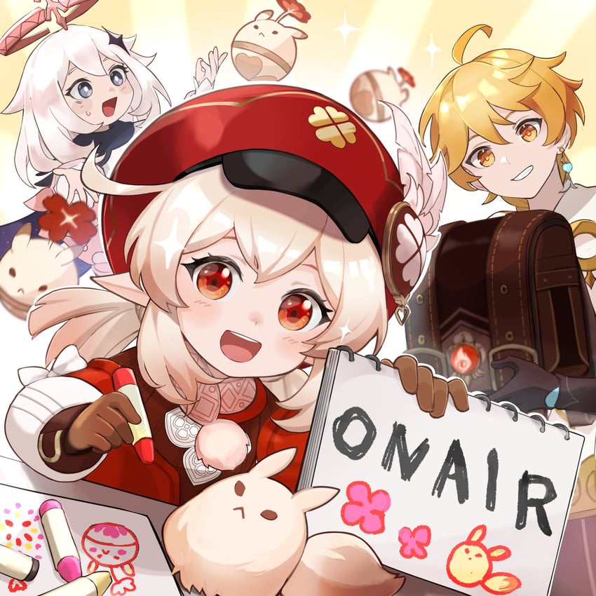 aether, paimon, klee, dodoco, and jumpy dumpty (genshin impact) drawn by okkobc
